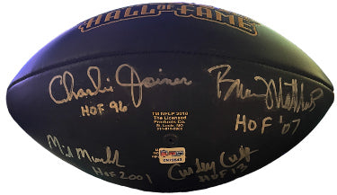 Pro Football Hall Of Fame Logo Autographed Football 4-Sigs- NFL/PSA (Oilers-Bruce Matthews/Mike Munchak/ Curly Culp/Charlie Joiner)-Powers Sports Memorabilia