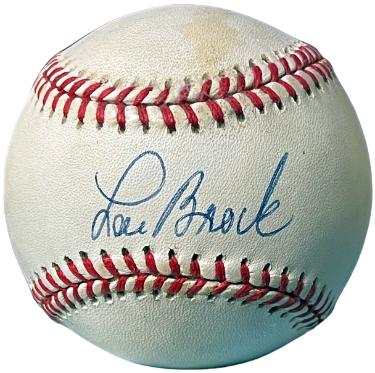 Lou Brock Autographed Official Rawlings RONL National League Baseball tone spots- COA (Cardinals/HOF/6XAS/2XWSC)-Powers Sports Memorabilia