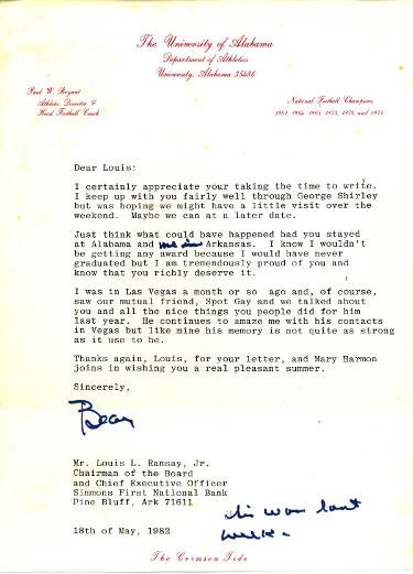 Paul Bear Bryant Autographed Official Alabama Crimson Tide Letter- JSA Full LOA #Z39587 (May 18th, 1982)-Powers Sports Memorabilia