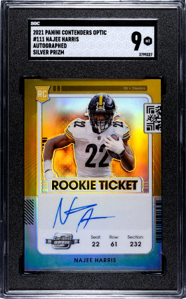 Najee Harris Autographed 2021 Panini Contenders Optic Silver Prizm Rookie Ticket Card (RC) #111- SGC Graded 9 Mint (Steelers)-Powers Sports Memorabilia