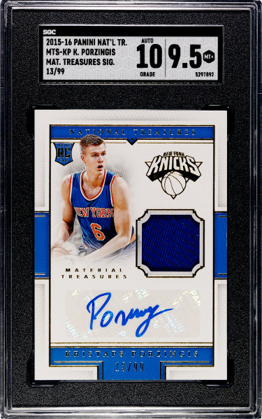 Kristaps Porzingis Autographed 2015-16 Panini National Treasures Rookie Card (RC)/Auto Patch #MTS-KP- /99- SGC Graded 9.5+/10 Auto-Powers Sports Memorabilia
