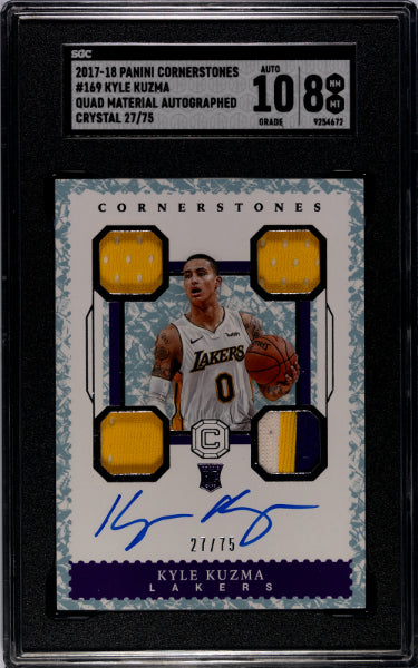 Kyle Kuzma Autographed 2017-18 National Treasures Rookie On Card Auto/Quad Patch (RC) #169- /75- SGC Graded 8 NM-MT/10 Auto (Lakers)-Powers Sports Memorabilia