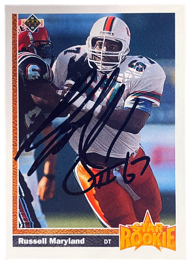 Russell Maryland Autographed 1991 Upper Deck Star Rookie On Card Auto (RC) #5- COA (Miami/Cowboys/Raiders/3X SB Champ)-Powers Sports Memorabilia