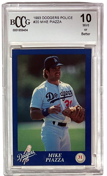 Mike Piazza 1993 Dodgers Police Rookie Card (RC) #31- BCCG Graded 10 Mint or Better (Los Angeles Dodgers)-Powers Sports Memorabilia
