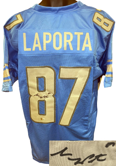 Sam LaPorta Autographed Detroit Blue Custom Stitched Pro Style Football Jersey #87 XL- Beckett/BAS Witnessed #1W410772-Powers Sports Memorabilia