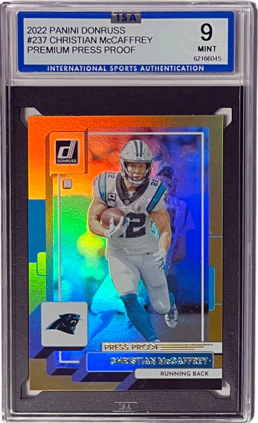 Christian McCaffrey 2022 Panini Donruss Premium Press Proof Card #237- ISA Graded 9 Mint (Carolina Panthers)-Powers Sports Memorabilia