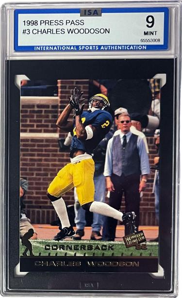 Charles Woodson 1998 Press Pass Rookie Card (RC) #3- ISA Graded 9 Mint (Michigan/Raiders/Heisman)-Powers Sports Memorabilia