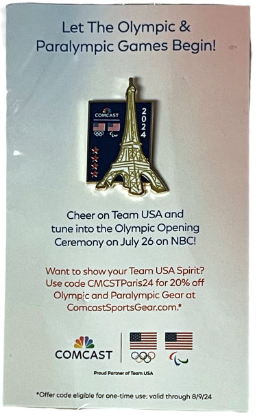 2024 Paris Summer Olympic Paralympic Team USA NBC/Comcast Media Pin Eiffel Tower- Brand New/Sealed-Powers Sports Memorabilia