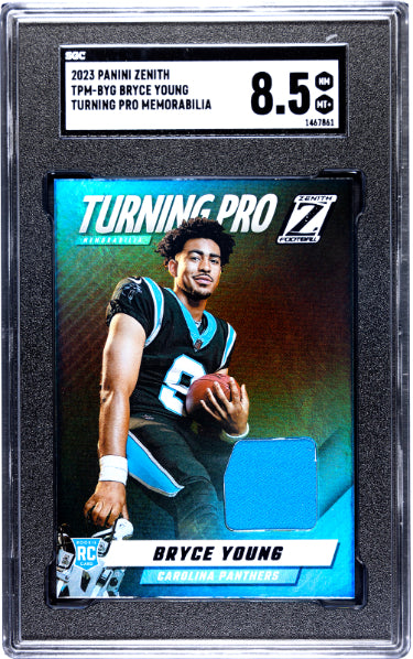 Bryce Young 2023 Panini Zenith Turning Pro Relic Rookie Card (RC) #TPM-BYG- SGC Graded 8.5 NM-MT+ (Carolina Panthers)-Powers Sports Memorabilia