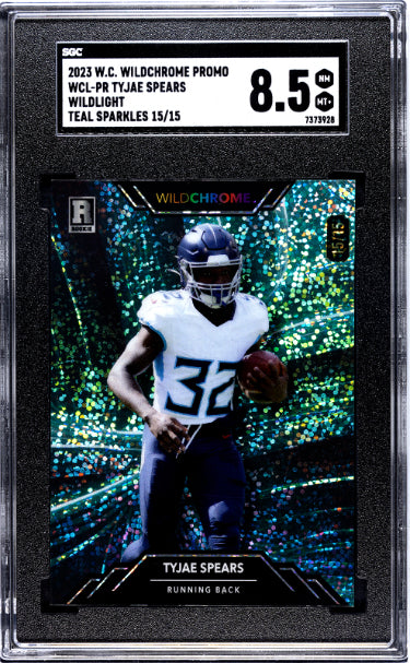 Tyjae Spears 2023 Wildcard Wildchrome Promo Wildlight Teal Sparkles Rookie Card (RC) #WCL-PR- /19- SGC Graded 8.5 NM-MT+-Powers Sports Memorabilia