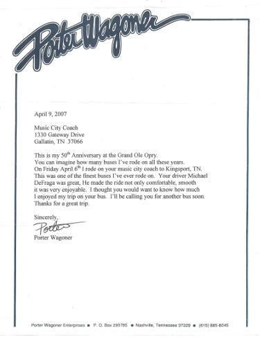 Porter Wagoner Autographed 2007 Porter Wagoner Enterprises Logo Stationery/Letter -COA (Grand Ole Opry/HOF/RARE)-Powers Sports Memorabilia