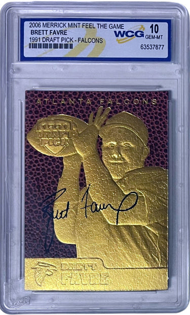 Brett Favre 2006 Merrick Mint Feel The Game Rookie Card - WCG Graded 10 Gem Mint (1991 Draft Pick- Falcons) - CTBL_040384-Powers Sports Memorabilia