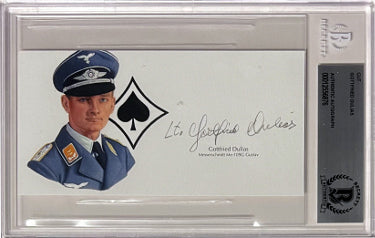 Gottfried Dulias Autographed 5.5?ǥx 3?ǥ cut signature w/ Image?Çô BAS/Beckett Encapsulated (WWII German ME-109G Gustav Pilot)-Powers Sports Memorabilia