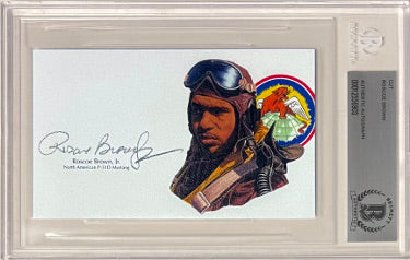 Roscoe Brown, Jr. Autographed 3?ǥx5?ǥ cut signature w/ Image?Çô BAS/Beckett Encapsulated (Tuskegee Airman/Red Tails/WWII P-51D Mustang) - CTBL_040433-Powers Sports Memorabilia