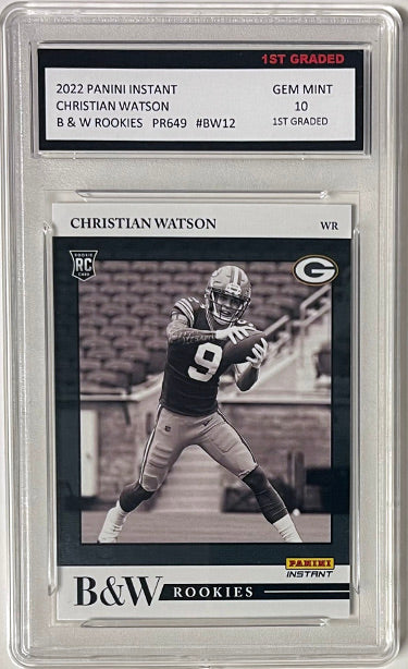 Christian Watson 2022 Panini Instant B&W Rookies Card (RC) 1/649 SP #BW12- 1st Graded 10 Gem Mint (Green Bay Packers)-Powers Sports Memorabilia