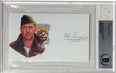Lt Colonel Ed Saylor Autographed 3?ǥx 5?ǥ cut signature w/ Image?Çô BAS/Beckett Encapsulated (WWII Doolittle Raiders / B-25B Mitchell) - CTBL_040448-Powers Sports Memorabilia