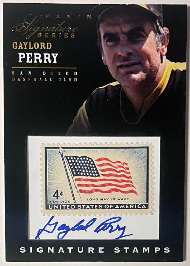 Gaylord Perry Autographed 2012 Panini Signature Series Stamps On Card Auto #9- /50 (San Diego Baseball Club)-Powers Sports Memorabilia