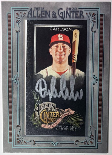 Dylan Carlson Autographed 2022 Topps Allen & Ginter X Dylan Silver Framed Mini Auto Cardinals Card SP 16/50-Powers Sports Memorabilia