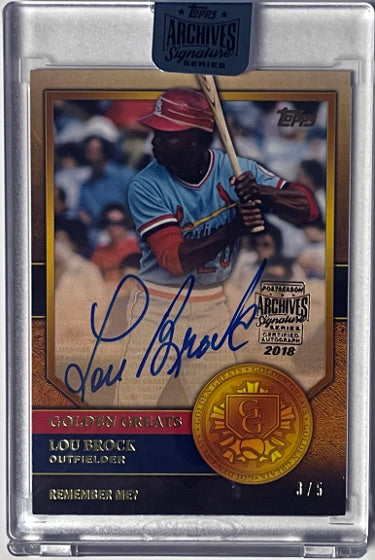 Lou Brock Autographed 2018 Topps Archives Signature Series Golden Greats On Card Auto #GG-89- /5 (Factory Sealed/Cardinals/HOF)-Powers Sports Memorabilia