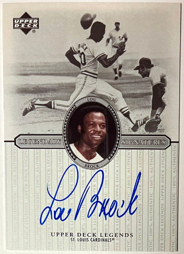 Lou Brock Autographed 2000 Upper Deck Legends Legendary Signatures On Card Auto #S-LB (Cardinals/HOF)-Powers Sports Memorabilia