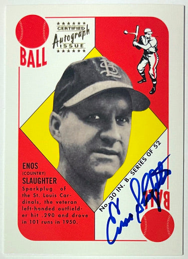 Enos Slaughter Autographed 1997 Topps Stars Rookie Reprint Certified On Card Auto #14 imperfect (Cardinals/HOF)-Powers Sports Memorabilia