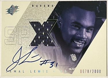 Jamal Lewis Autographed 2000 SPX Jersey On Card Auto #144- /2000 (Baltimore Ravens/Tennessee Vols)-Powers Sports Memorabilia