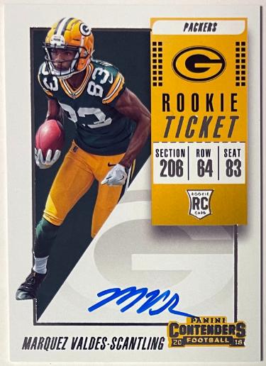 Marquez Valdes-Scantling Autographed 2018 Panini Contenders Rookie Ticket On Card Auto (RC) #140 (Green Bay Packers)-Powers Sports Memorabilia