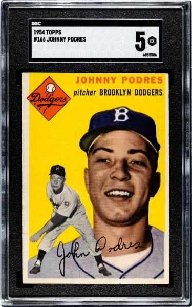 Johnny Podres 1954 Topps Card #166- SGC Graded 5 EX (Brooklyn Dodgers)-Powers Sports Memorabilia