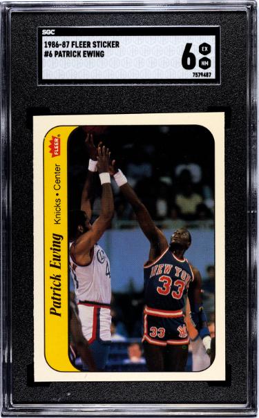 Patrick Ewing 1986-87 Fleer Rookie Sticker/Card (RC) #6- SGC Graded 6 EX-NM (New York Knicks/HOF)-Powers Sports Memorabilia