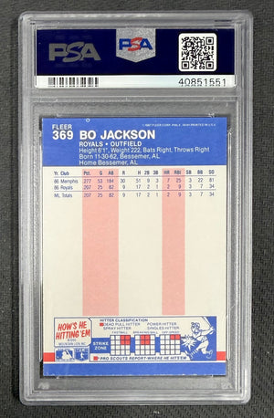 Bo Jackson 1987 Fleer Kansas City Royals Baseball RC Rookie Card #369 Graded PSA 9 Cert #40851551-Powers Sports Memorabilia