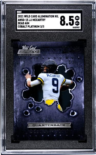 JJ/J.J. McCarthy 2021 Wild Card Alumination Nil Dead Aim Cobalt Platinum Rookie Card (RC) #ANSG-15- /3- SGC Graded 8.5 NM-MT+-Powers Sports Memorabilia