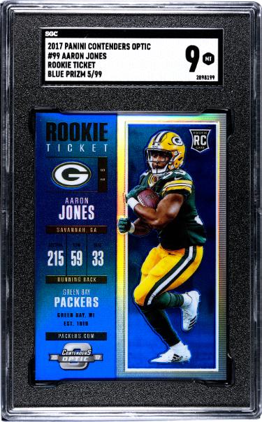 Aaron Jones 2017 Panini Contenders Optic Blue Prizm Rookie Ticket Card (RC) #99- /99- SGC Graded 9 Mint (Green Bay Packers)-Powers Sports Memorabilia