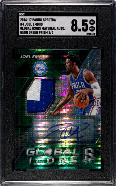 Joel Embiid 2016-17 Panini Spectra Global Icons Material Neon Green Prizm Auto Card #4- /5- SGC Graded 8.5 NM-MT+ (76ers)-Powers Sports Memorabilia