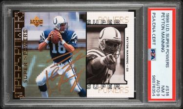 Peyton Manning Autographed 1998 Upper Deck Super Powers Rookie On Card Auto (RC) #S16- PSA Graded 7 NM/Autograph 9 (Colts/HOF)-Powers Sports Memorabilia