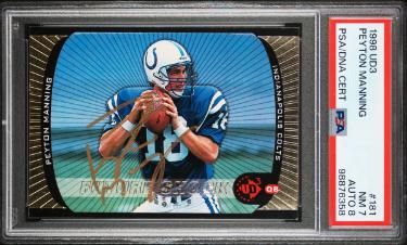 Peyton Manning Autographed 1998 UD3 Rookie On Card Auto (RC) #181- PSA Graded 7 NM/Autograph 8 (Colts/HOF)-Powers Sports Memorabilia