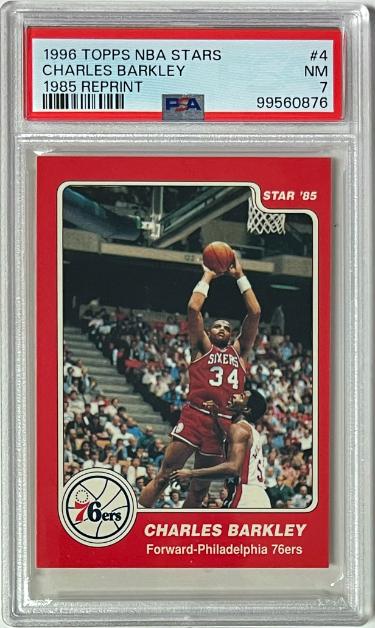 Charles Barkley 1996 Topps NBA Stars 1985 Rookie Reprint Card #4- PSA Graded 7 NM (Philadelphia 76ers/HOF)-Powers Sports Memorabilia