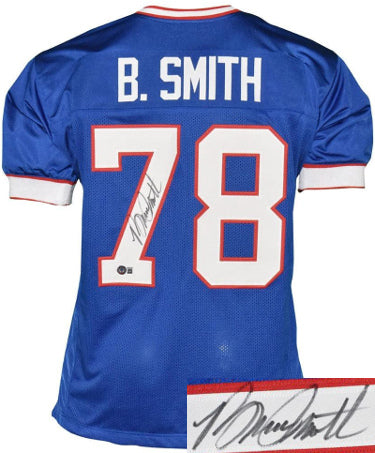 Bruce Smith Autographed Buffalo Blue Custom Stitched Pro Style Football Jersey XL- Beckett Witnessed-Powers Sports Memorabilia