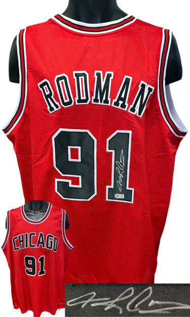 Dennis Rodman Autographed Chicago Red Custom Stitched Basketball Jersey XL- Beckett Witnessed-Powers Sports Memorabilia