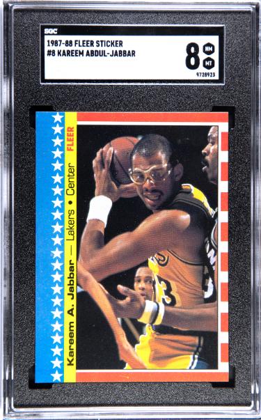 Kareem Abdul-Jabbar 1987-88 Fleer Sticker/Card #8- SGC Graded 8 NM-MT (Los Angeles Lakers/HOF)-Powers Sports Memorabilia