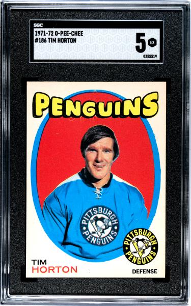 Tim Horton 1971-72 O-Pee-Chee NHL Card #186- SGC Graded 5 EX (Pittsburgh Penguins/HOF)-Powers Sports Memorabilia