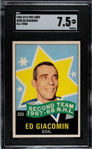 Ed/Eddie Giacomin 1968-69 O-Pee-Chee NHL All-Star Card #205- SGC Graded 7.5 NM+ (Detroit Red Wings/ Rangers/HOF)-Powers Sports Memorabilia