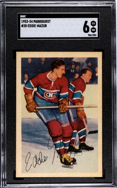 Eddie Mazur 1953-54 Parkhurst NHL Rookie (RC) Card #20- SGC Graded 6 EX-NM (Montreal Canadiens)-Powers Sports Memorabilia