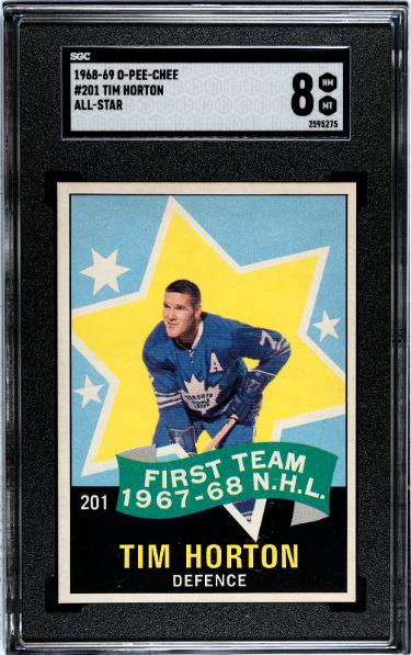 Tim Horton 1968-69 O-Pee-Chee NHL All-Star Card #201- SGC Graded 8 NM-MT (Toronto Maple Leafs)-Powers Sports Memorabilia