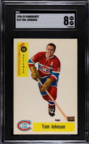 Tom Johnson 1958-59 Parkhurst NHL Card #10- SGC Graded 8 NM-MT (Montreal Canadiens)-Powers Sports Memorabilia