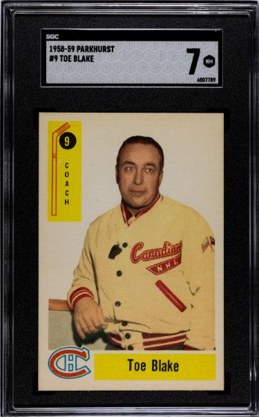 Toe Blake 1958-59 Parkhurst NHL Card #9- SGC Graded 7 NM (Montreal Canadiens/HOF/Coach)-Powers Sports Memorabilia