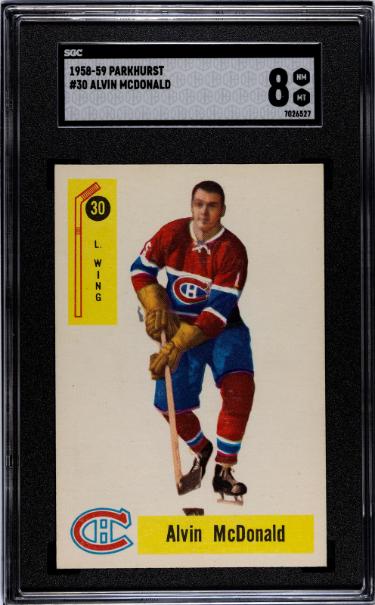 Alvin McDonald 1958-59 Parkhurst Rookie (RC) NHL Card #30- SGC Graded 8 NM-MT (Montreal Canadiens)-Powers Sports Memorabilia