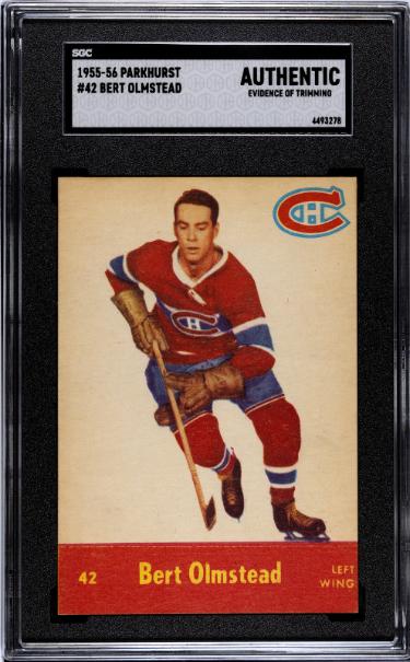 Bert Olmstead 1955-56 Parkhurst NHL Card #42- SGC Slabbed Authentic (Evidence of Trimming/Montreal Canadiens)-Powers Sports Memorabilia