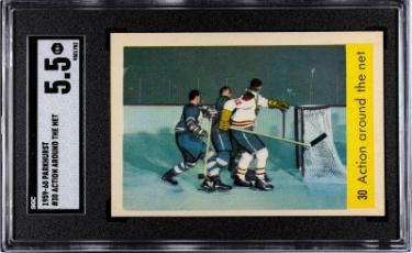 1959-60 Parkhurst NHL Action Around the Net Card #30- SGC Graded 5.5 EX+ (Montreal/Toronto)-Powers Sports Memorabilia