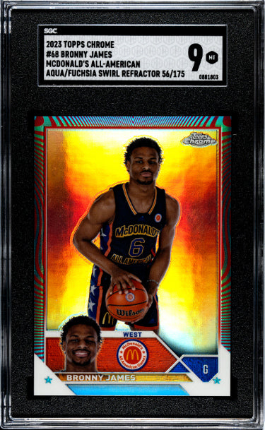 Bronny James 2023 Topps Chrome McDonald's All-American Aqua/Fuchsia Swirl Refractor Card #68- 056/175- SGC Graded 9 Mint- Lakers-Powers Sports Memorabilia