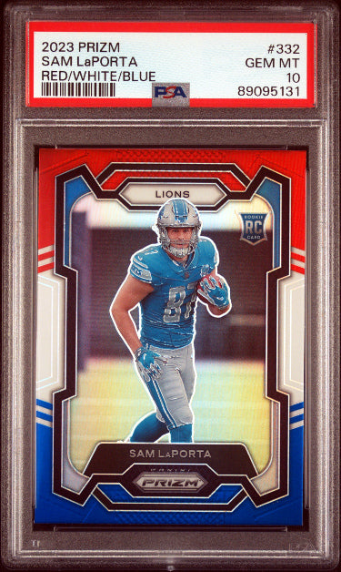 Sam LaPorta 2023 Prizm Red White/Blue Rookie Card (RC) #332- PSA Graded 10 Gem Mint (Detroit Lions)-Powers Sports Memorabilia